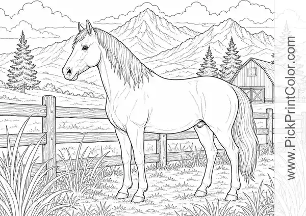 Realistic Horse at a Mountain Ranch printable coloring page