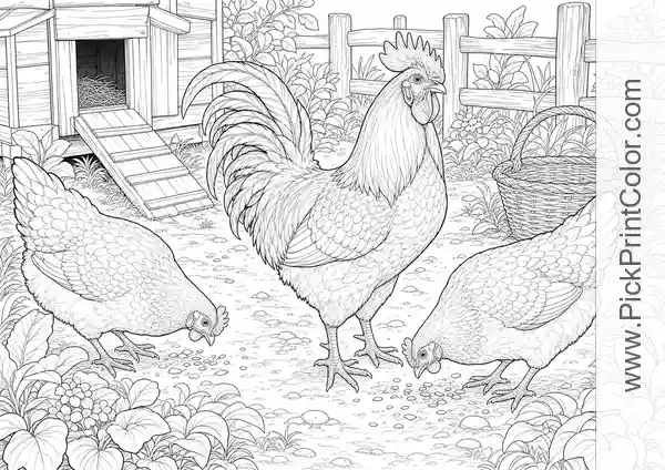 Rooster and Hens on the Farm printable coloring page