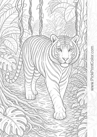 Tiger Walking Through the Rainforest printable coloring page