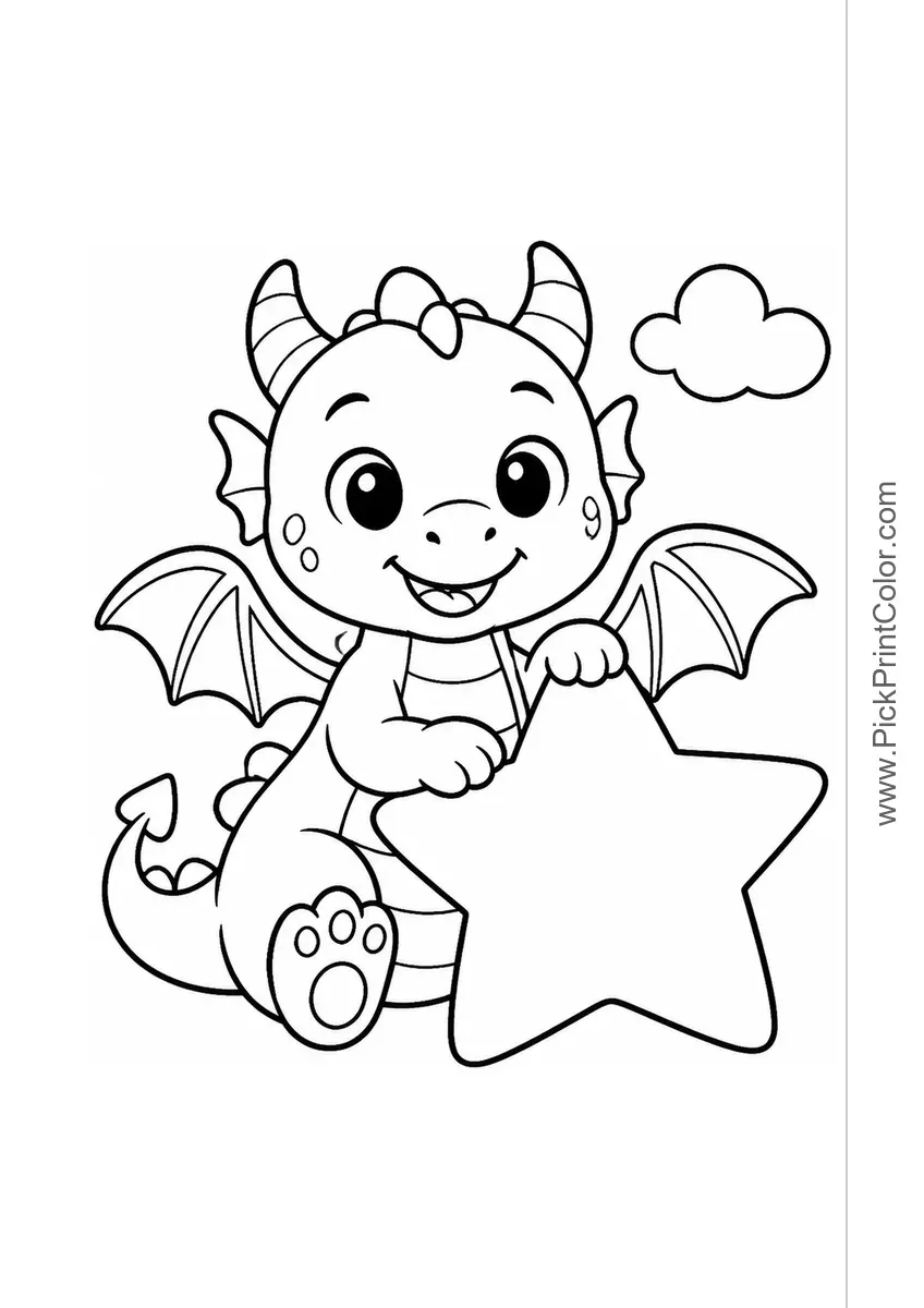 Smiling Baby Dragon with a Big Star black-and-white coloring page