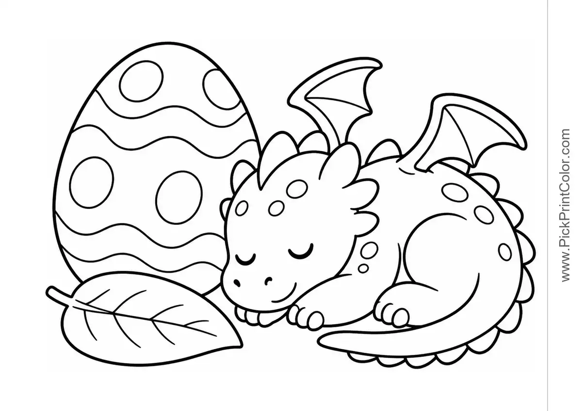 Sleepy Dragon Beside a Large Egg black-and-white coloring page