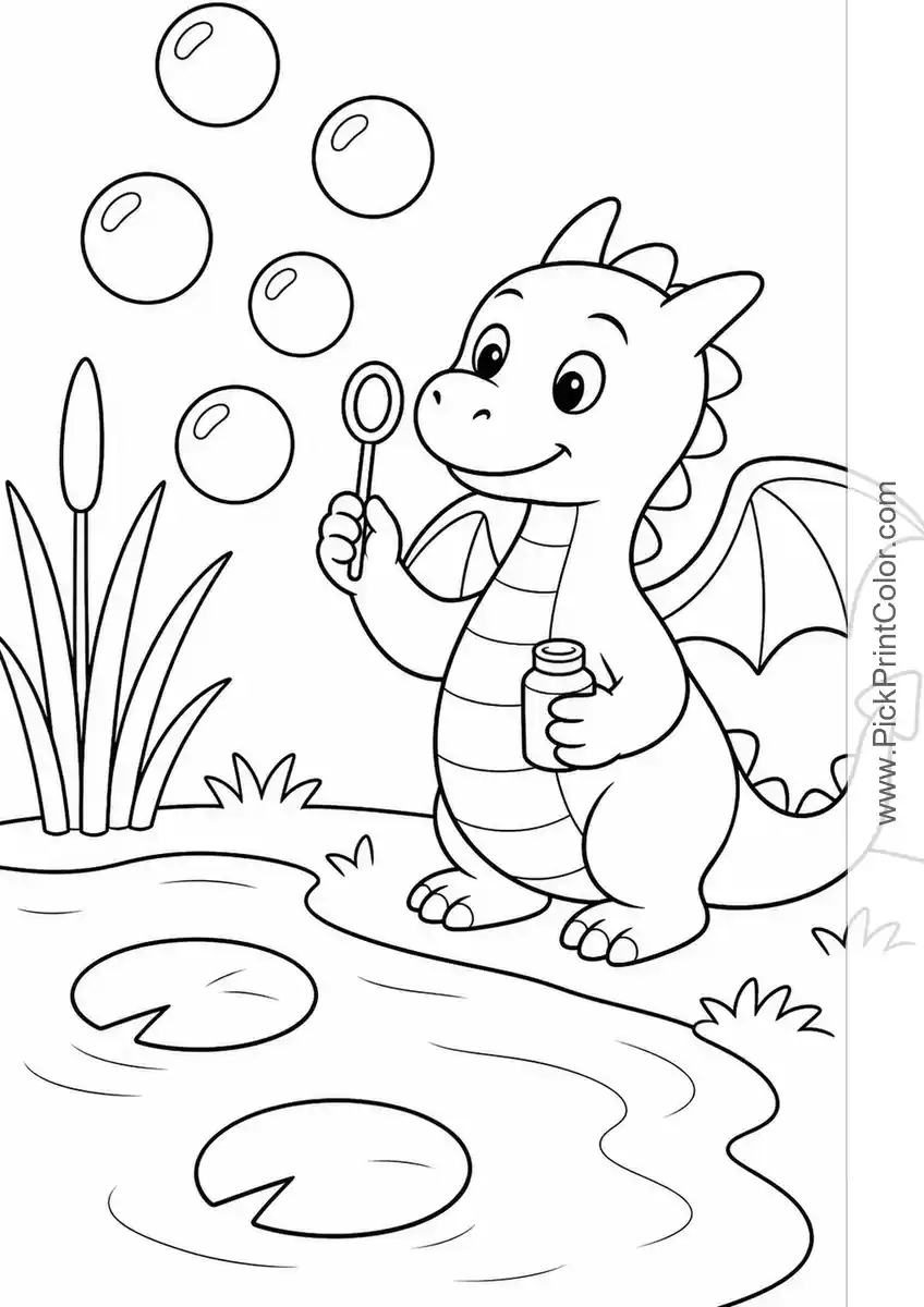 Dragon Blowing Bubbles by a Pond black-and-white coloring page