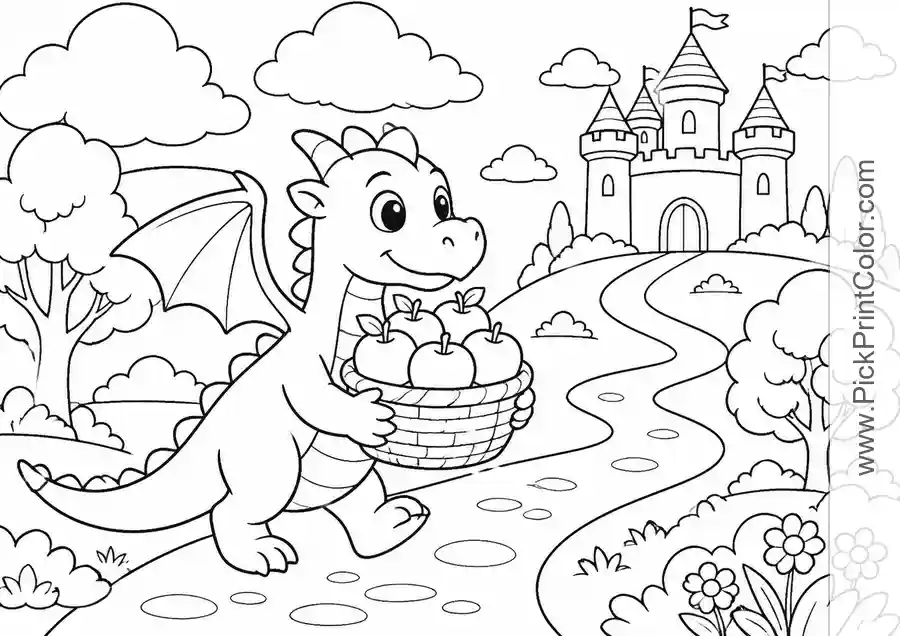 Dragon Carrying Apples to a Castle black-and-white coloring page