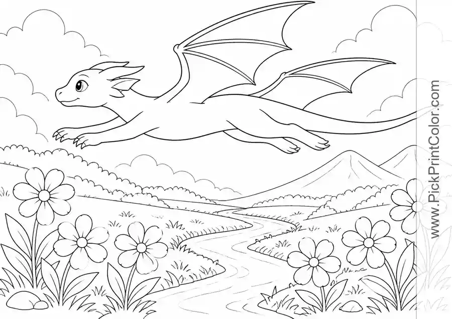 Young Dragon Flying Above a Mountain Meadow black-and-white coloring page