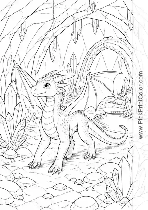 Dragon Exploring a Crystal Cave black-and-white coloring page