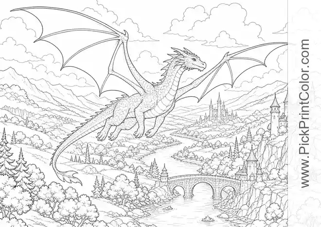 Majestic Dragon Crossing an Enchanted Valley black-and-white coloring page