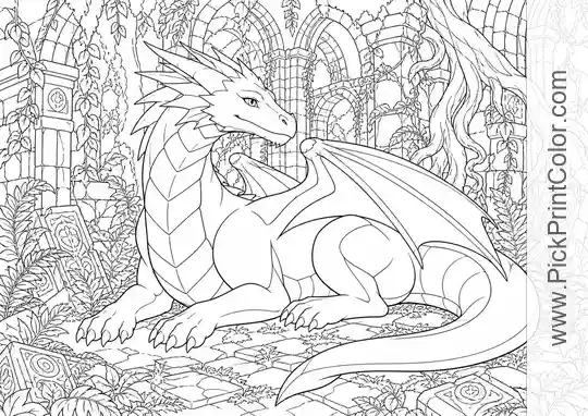 Ancient Dragon Resting Among Forest Ruins black-and-white coloring page