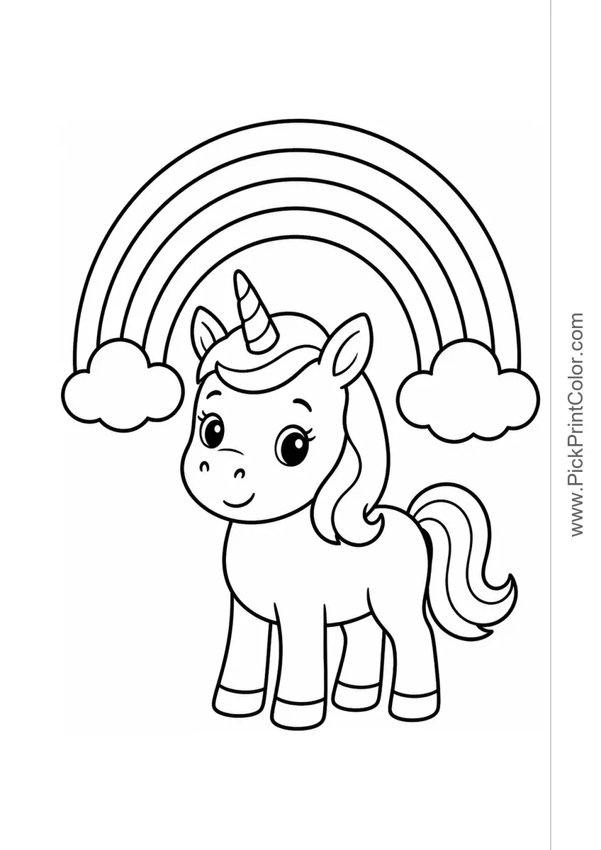 Baby Unicorn with a Big Rainbow black-and-white coloring page