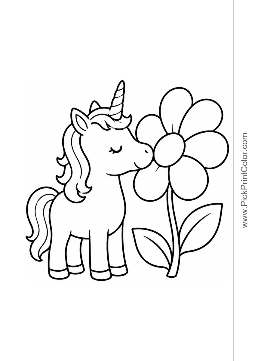 Little Unicorn with a Giant Flower black-and-white coloring page