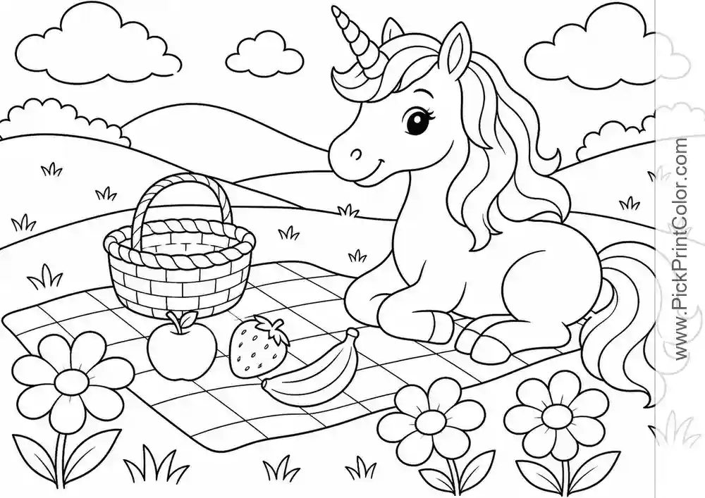 Unicorn Picnic in a Flower Meadow black-and-white coloring page