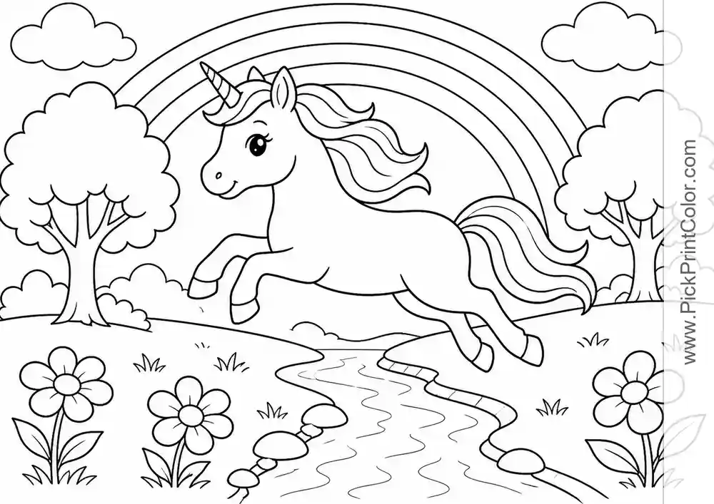 Unicorn Leaping Over a Rainbow Stream black-and-white coloring page