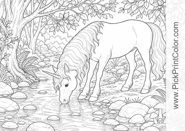 Unicorn Drinking from a Woodland Stream black-and-white coloring page