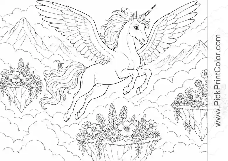Winged Unicorn Above a Cloud Garden black-and-white coloring page