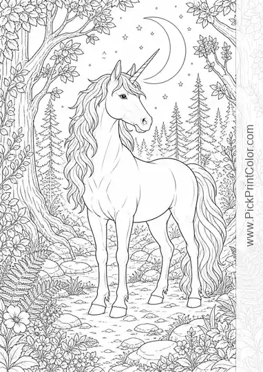 Majestic Unicorn in a Moonlit Forest black-and-white coloring page