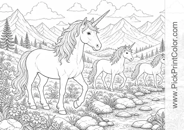 Unicorn Herd Crossing a Mountain Meadow black-and-white coloring page