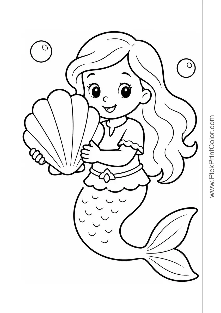 Little Mermaid with a Big Seashell black-and-white coloring page