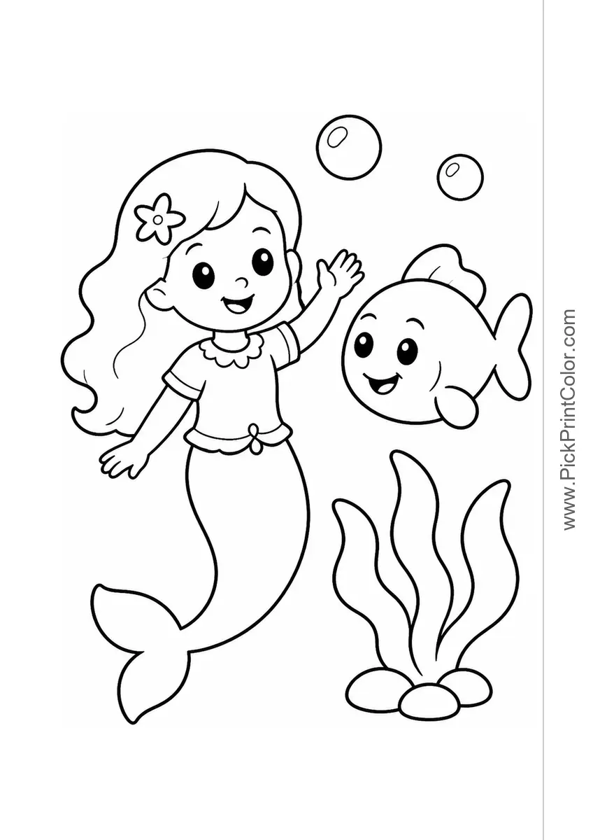 Smiling Mermaid with a Friendly Fish black-and-white coloring page