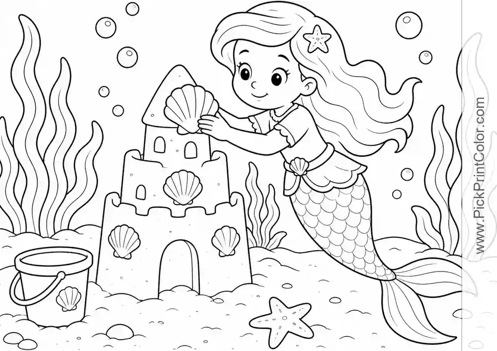 Mermaid Decorating an Underwater Sandcastle black-and-white coloring page