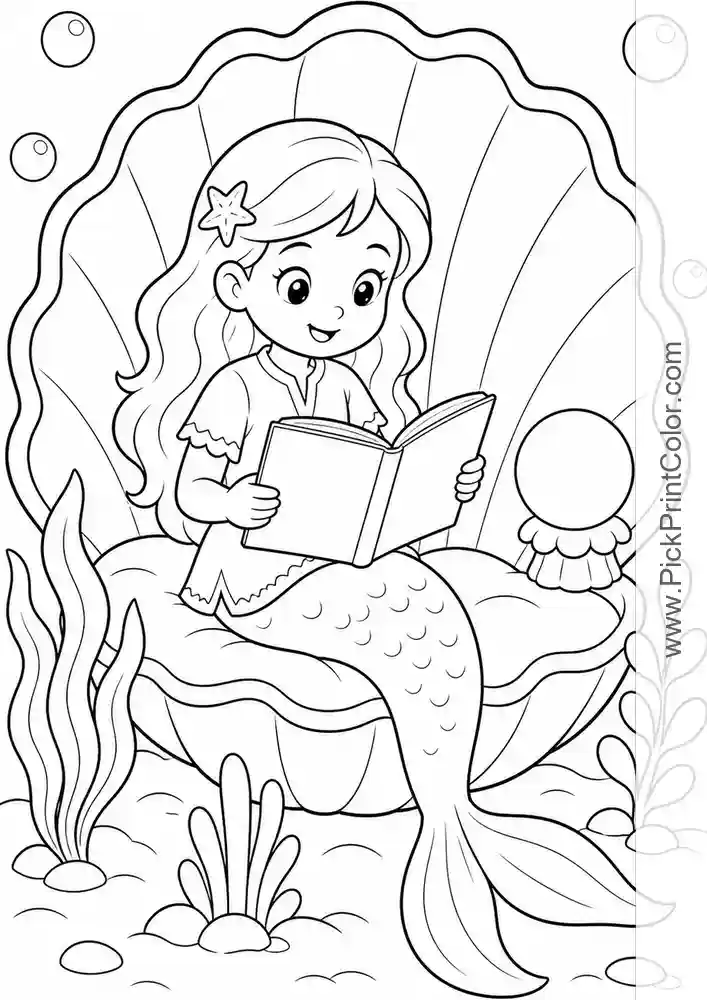 Mermaid Reading in a Seashell Nook black-and-white coloring page