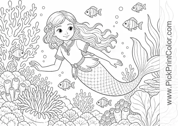 Mermaid Exploring a Coral Garden black-and-white coloring page