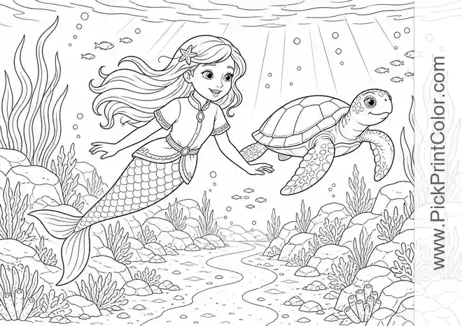 Mermaid Swimming with a Sea Turtle black-and-white coloring page