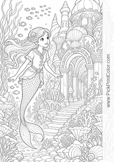 Mermaid Discovering an Underwater Palace black-and-white coloring page