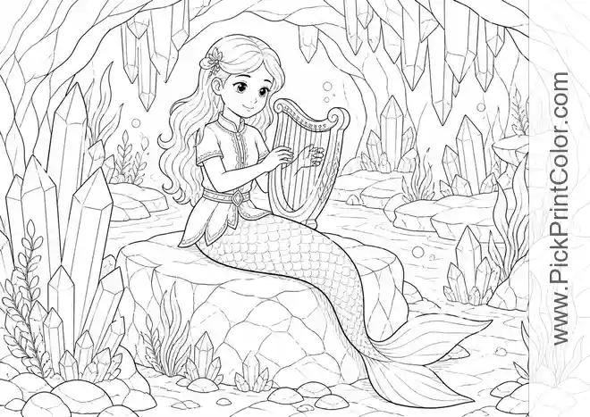 Mermaid Musician in a Crystal Grotto black-and-white coloring page