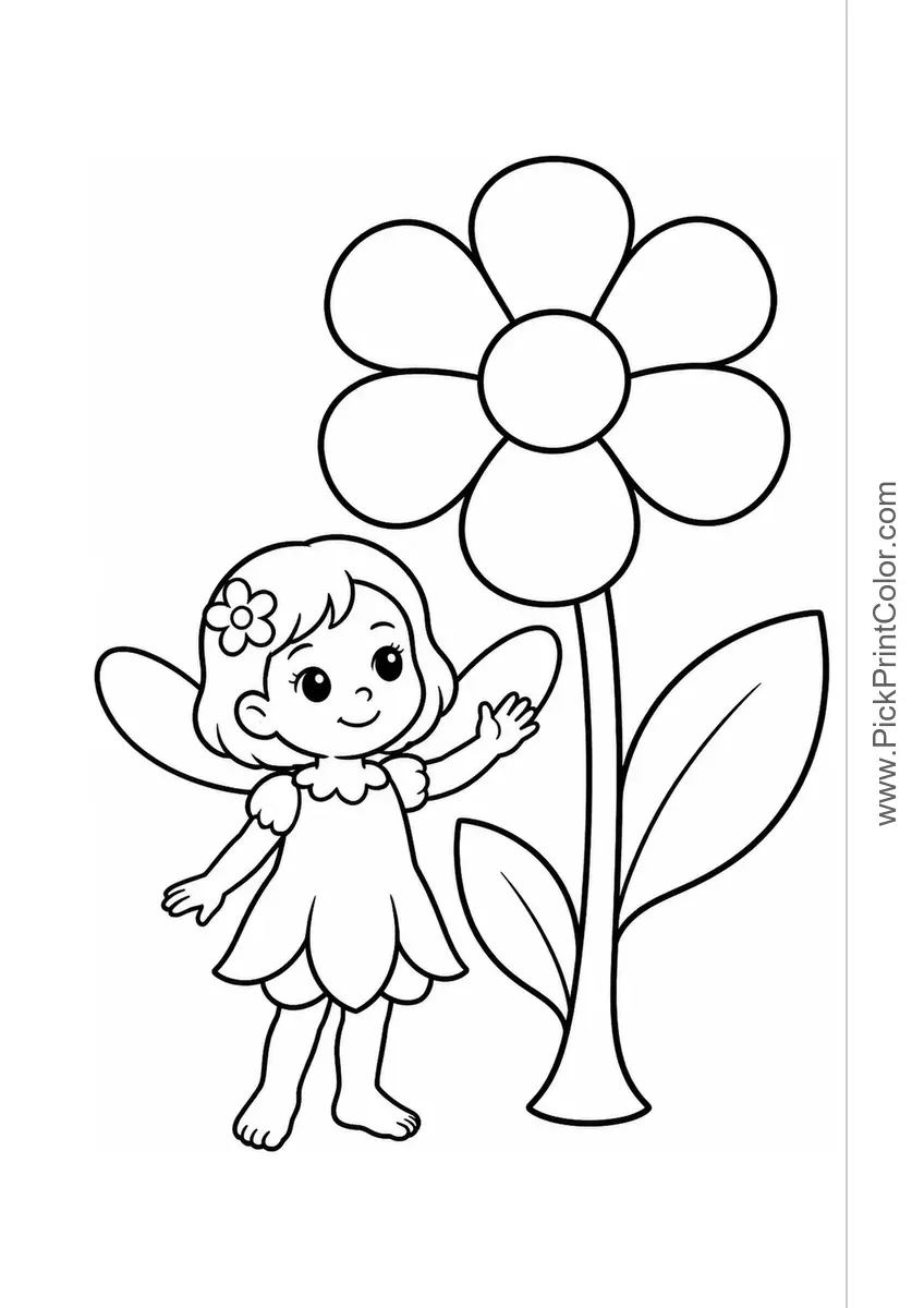 Tiny Fairy with a Giant Flower black-and-white coloring page