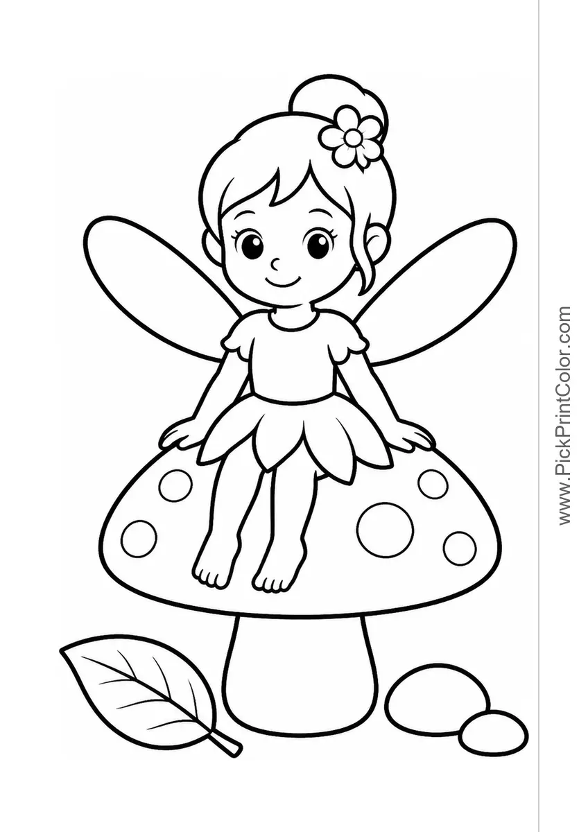 Little Fairy Sitting on a Mushroom black-and-white coloring page