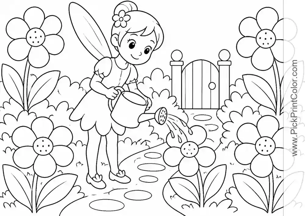 Fairy Watering a Flower Garden black-and-white coloring page