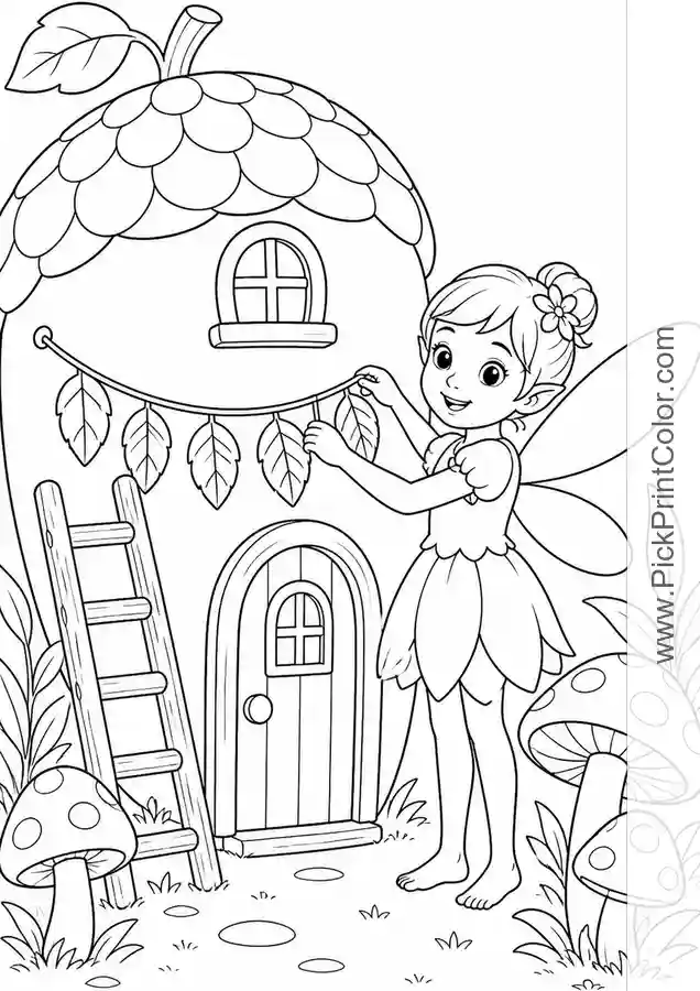 Fairy Decorating an Acorn Cottage black-and-white coloring page