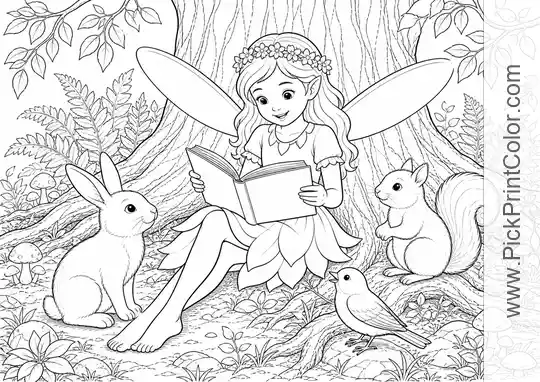Fairy Reading to Woodland Animals black-and-white coloring page
