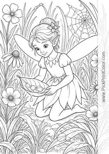 Fairy Gathering Dewdrops in a Forest Glade black-and-white coloring page