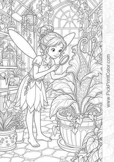 Fairy Botanist in an Enchanted Greenhouse black-and-white coloring page