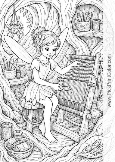 Fairy Weaver in a Hollow-Tree Workshop black-and-white coloring page