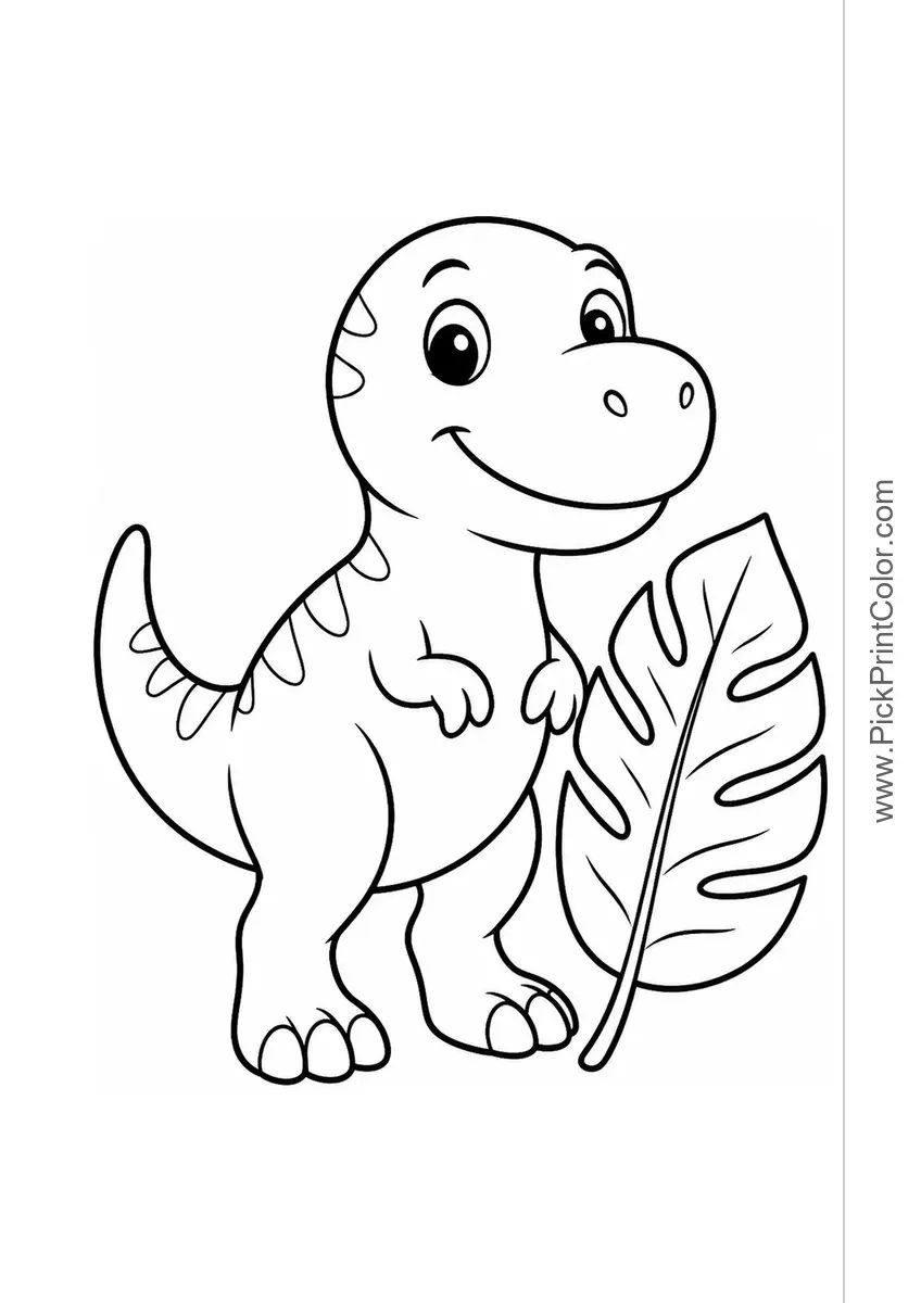 Friendly Baby T. Rex with a Big Leaf black-and-white dinosaur coloring page