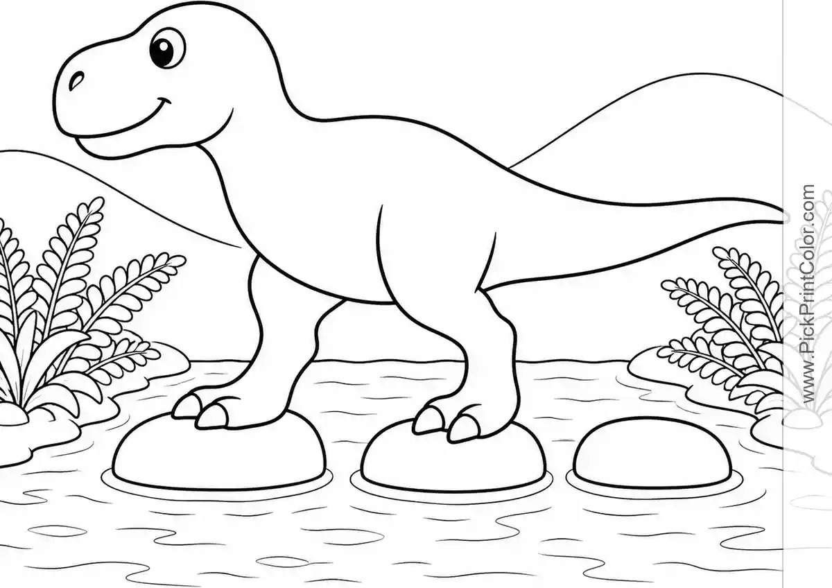 Young T. Rex Crossing a Shallow Stream black-and-white dinosaur coloring page