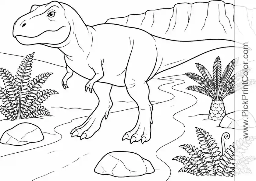 T. Rex Exploring a Fern Valley black-and-white dinosaur coloring page