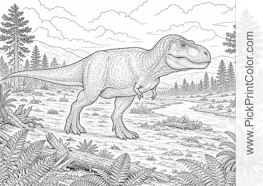 Realistic T. Rex on a Prehistoric Plain black-and-white dinosaur coloring page