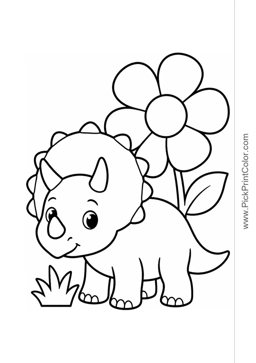 Little Triceratops with a Giant Flower black-and-white dinosaur coloring page