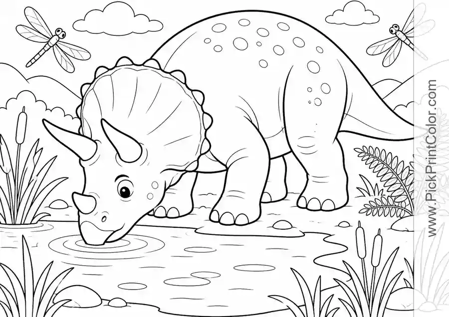 Triceratops at a Calm Watering Hole black-and-white dinosaur coloring page