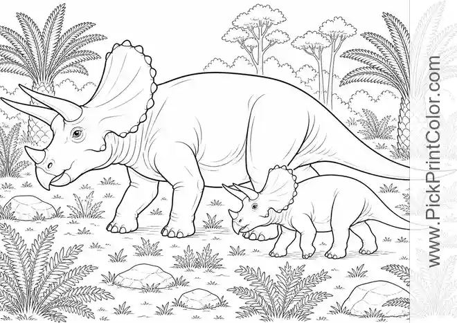 Triceratops Parent and Calf in a Fern Meadow black-and-white dinosaur coloring page