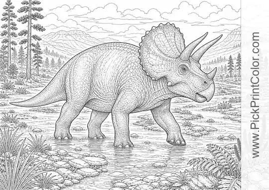 Realistic Triceratops Crossing a River Plain black-and-white dinosaur coloring page
