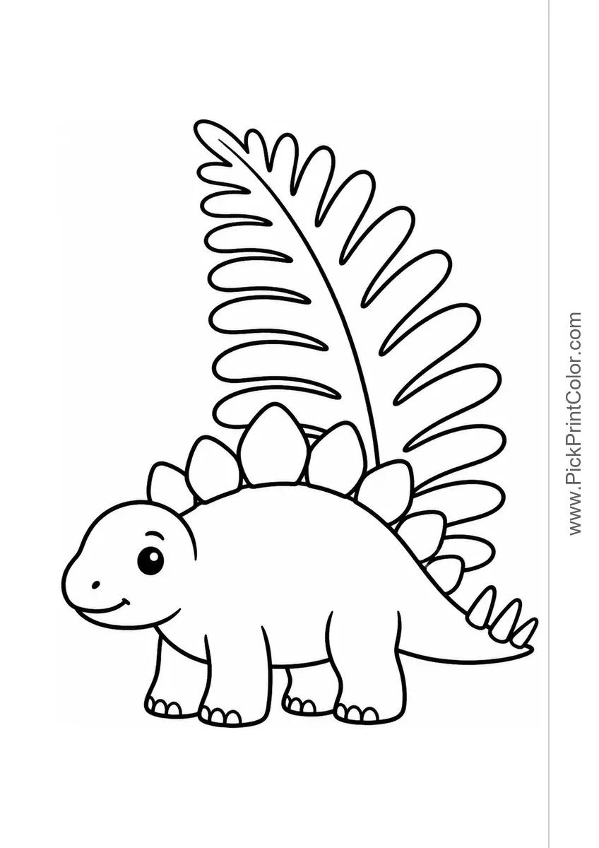 Baby Stegosaurus with a Large Fern black-and-white dinosaur coloring page