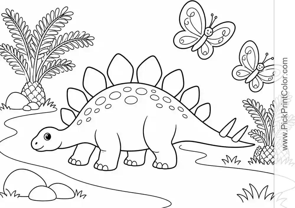 Stegosaurus Following Butterflies black-and-white dinosaur coloring page