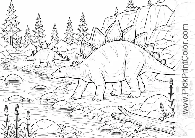 Stegosaurus Herd Beside a Rocky River black-and-white dinosaur coloring page