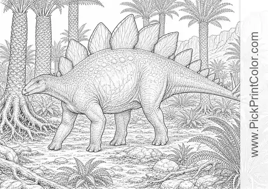 Realistic Stegosaurus in a Cycad Forest black-and-white dinosaur coloring page