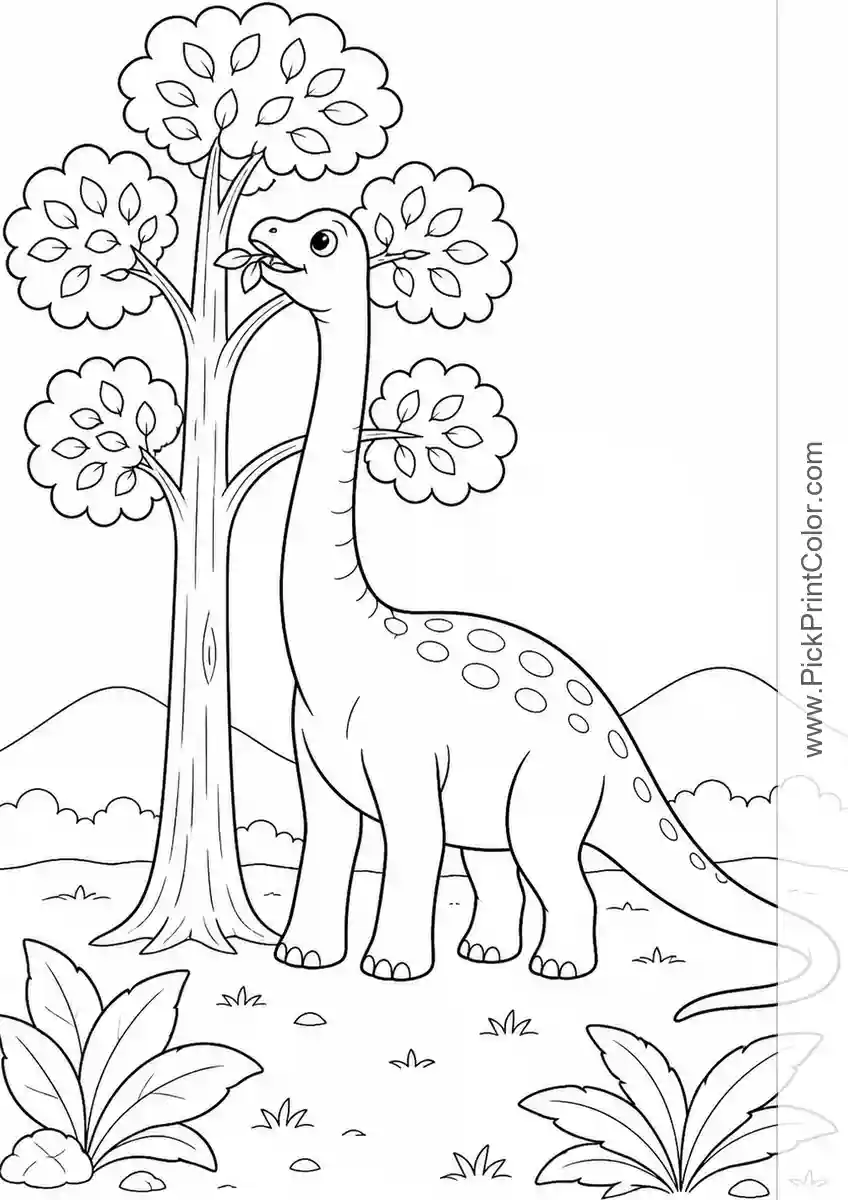 Brachiosaurus Reaching the Treetops black-and-white dinosaur coloring page