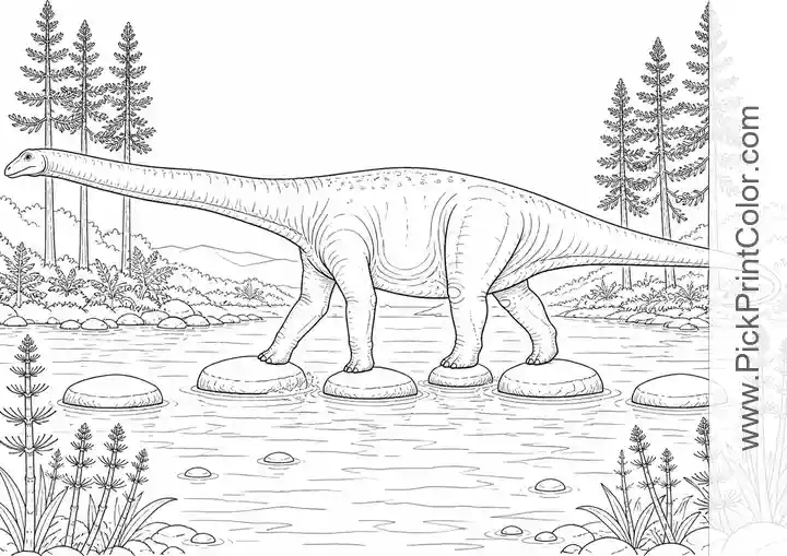 Diplodocus Crossing a Shallow River black-and-white dinosaur coloring page