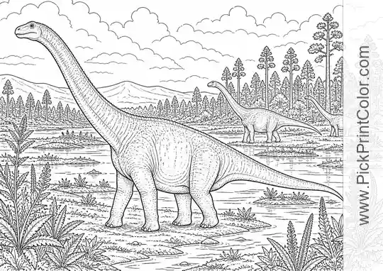 Realistic Sauropod Herd on a Wide Floodplain black-and-white dinosaur coloring page